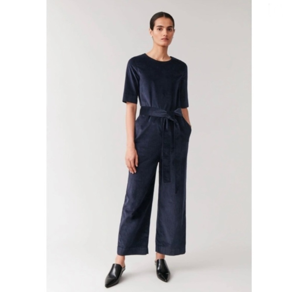 COS Velvet Straight Leg Belted Jumpsuit In Navy Blue Sz 10